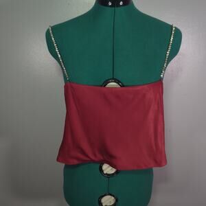 MESHKI Red Satin Crop Top S Rhinestone Straps Y2K Party Glam NWT 2000s Rivaval